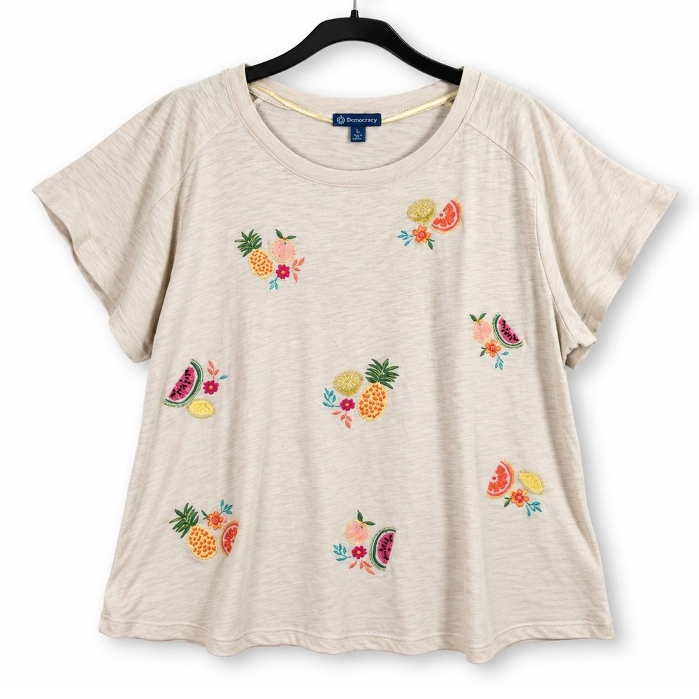 Democracy Fruit Embroidered Top Womens 2X Beige Tropical Cotton Cottagecore Tee